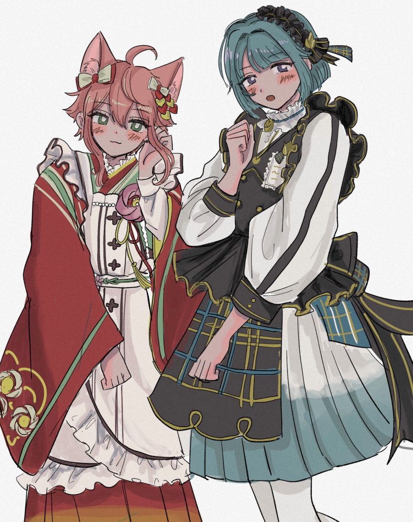 2boys 4ndm11 ahoge androgynous animal_ears apron black_apron blue_hair blush closed_mouth ensemble_stars! fox_boy fox_ears fox_tail green_eyes highres himemiya_tori japanese_clothes kimono male_focus multiple_boys open_mouth pink_hair purple_eyes red_kimono shino_hajime shirt short_hair short_hair_with_long_locks smile tail white_apron white_shirt