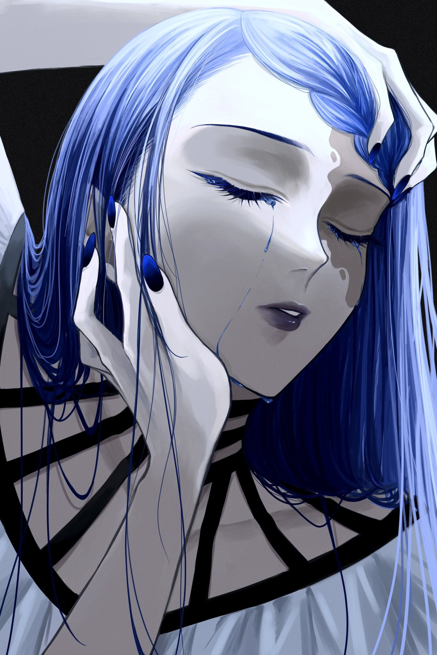 1girl ado_(utaite) blue_hair blue_nails braid braided_bangs closed_eyes cloud_nine_inc collarbone colored_tears commentary crying eyelashes gira_gira hands_on_own_head highres long_hair nail_polish parted_lips solo tsukishiro_yunatsu upper_body