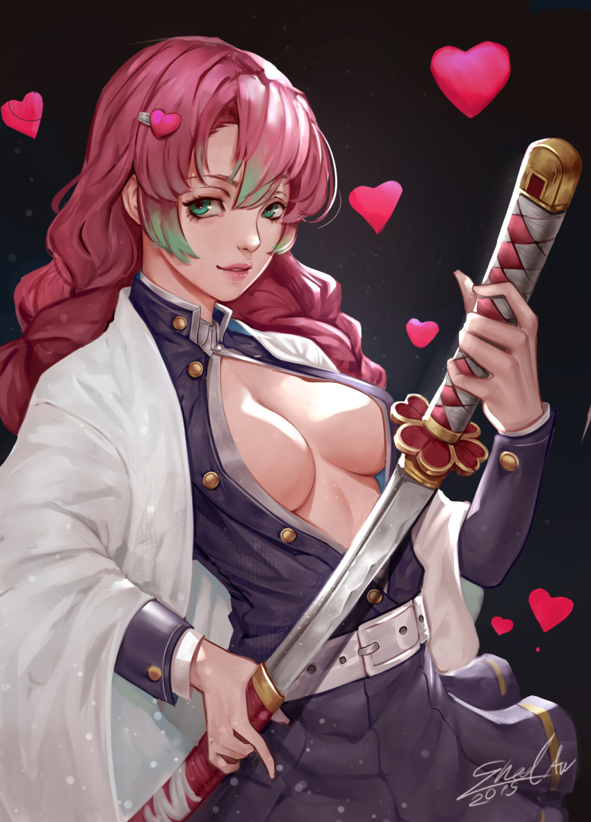 kanroji_mitsuri kimetsu_no_yaiba no_bra open_shirt sherylnome sword uniform