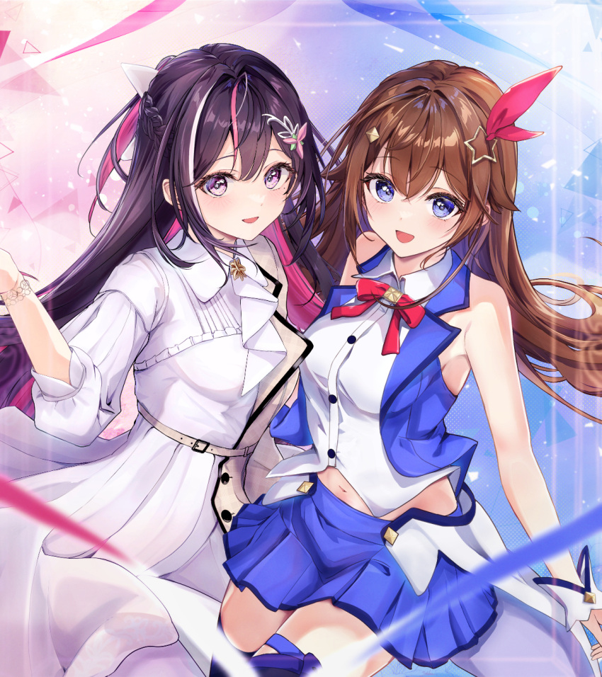 2girls azki_(4th_costume)_(hololive) azki_(hololive) bare_shoulders black_hair blue_eyes blue_thighhighs blue_vest blush breasts brown_hair colored_inner_hair commentary_request cropped_shirt cropped_vest diamond_hair_ornament dress hair_between_eyes hair_flaps hair_intakes hair_ornament hair_ribbon hairclip highres hololive long_hair looking_at_viewer multicolored_hair multiple_girls navel official_alternate_costume open_mouth pink_hair purple_eyes red_ribbon ribbon shirt skirt sleeveless sleeveless_shirt smile star_(symbol) star_hair_ornament streaked_hair thighhighs thighs tokino_sora tokino_sora_(1st_costume) vest virtual_youtuber white_dress white_hair white_shirt yuki_haru
