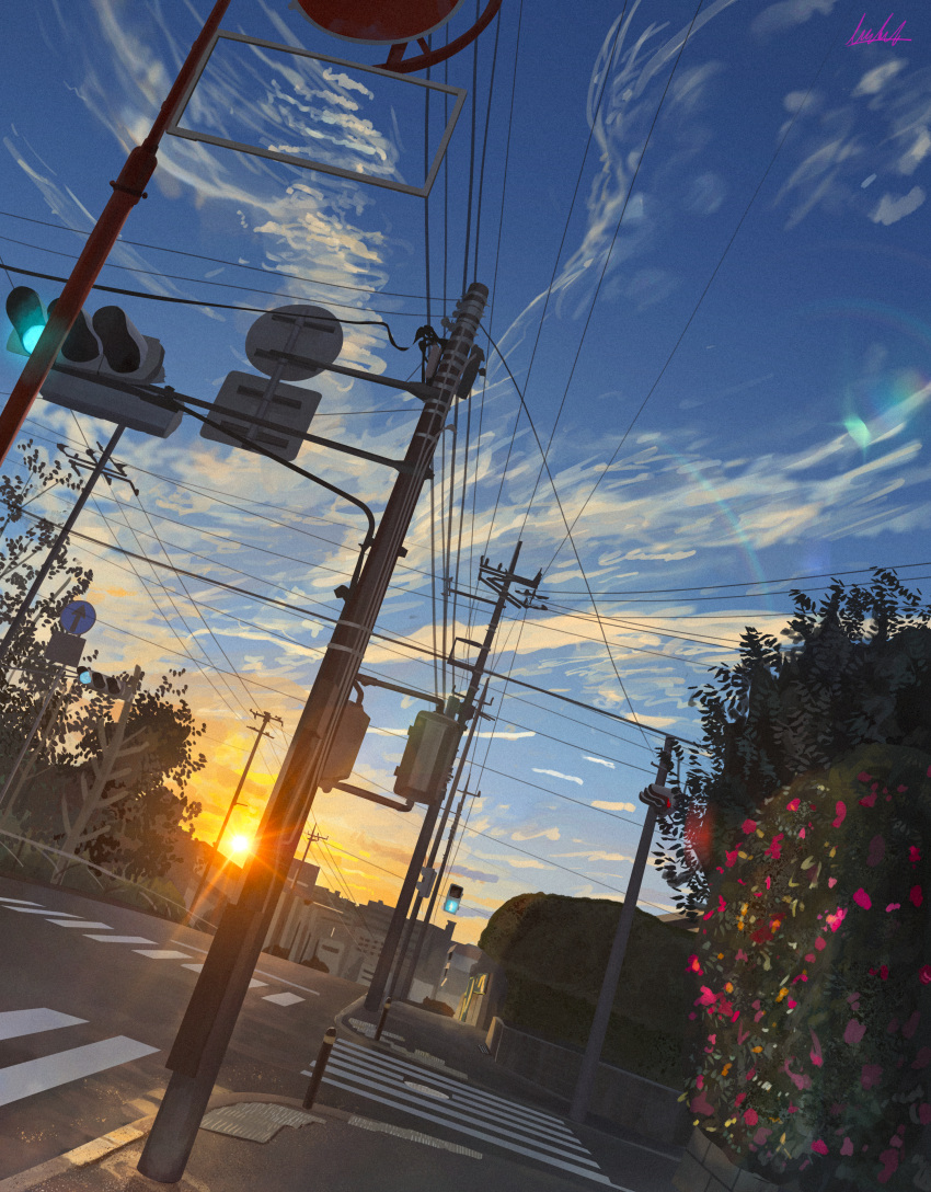 absurdres banishment blue_sky bush cloud cloudy_sky commentary_request crosswalk dutch_angle highres lens_flare no_humans original power_lines road road_sign scenery shadow sign signature sky street sunset traffic_light tree utility_pole