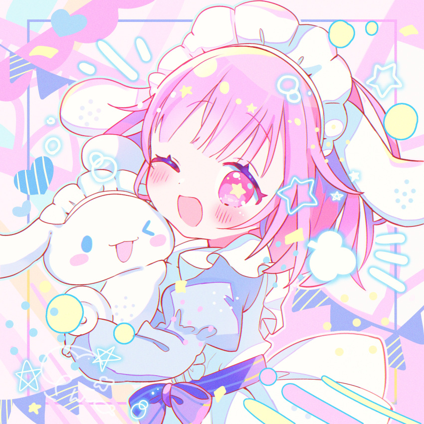 1girl ;d abstract_background animal_ears cinnamoroll dress fake_animal_ears highres maid_headdress one_eye_closed ootori_emu open_mouth pink_eyes pink_hair pink_theme project_sekai sanrio smile