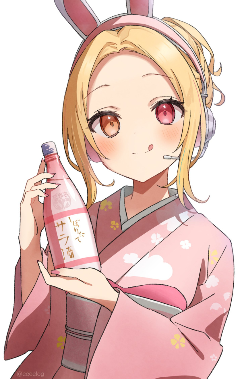 1girl alternate_costume alternate_hair_length alternate_hairstyle animal_ear_headphones animal_ears blonde_hair blush bottle closed_mouth commentary dot_nose drink fake_animal_ears floral_print h_(eitilog) hands_up headphones headset heterochromia highres holding holding_bottle holding_drink hoshikawa_sara japanese_clothes kimono long_sleeves looking_at_viewer mechanical_ears nail_polish nijisanji orange_eyes pink_kimono pink_nails print_kimono rabbit_ears red_eyes short_hair simple_background smile solo symbol-only_commentary tongue tongue_out twitter_username upper_body virtual_youtuber watermark white_background wide_sleeves