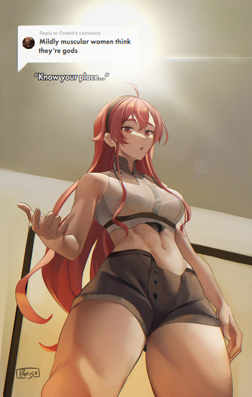 1girl :o absurdres ahoge bare_shoulders black_hairband breasts brown_shorts commentary_request cowboy_shot cropped_shirt english_text eris_greyrat groin hair_between_eyes hairband highres indoors large_breasts lens_flare long_hair looking_at_viewer midriff mushoku_tensei navel orsted_(mushoku_tensei) parisa_reaz parted_lips red_eyes red_hair shirt short_shorts shorts sidelocks signature sleeveless sleeveless_shirt solo standing thick_eyebrows toned underbust white_shirt