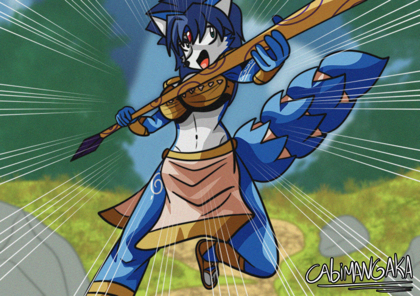 accessory anthro arm_tuft armor attack_pose big_breasts blue_body blue_fur blue_hair bottons bra bracers breasts cabimangaka canid canine choker circlet clothing digit_ring dipstick_tail elbow_tuft eyebrows feet female fluffy fluffy_tail footwear fox fur furgonomics green_eyes hair hi_res jewelry krystal krystal's_staff mammal markings navel necklace nintendo ring sandals shaded short_hair signature solo staff star_fox strapless_bra strapless_clothing strapless_underwear tail tail_accessory tail_markings tailband tattoo toe_ring toes topwear tuft underwear vulpin weapon white_body white_fur