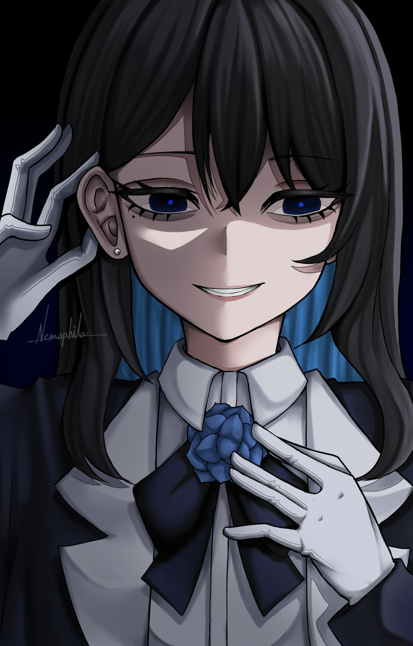 1girl absurdres ado_(utaite) black_bow black_bowtie black_coat black_hair blue_background blue_eyes blue_flower blue_hair blue_rose bow bowtie chando_(ado) clenched_teeth cloud_nine_inc coat collared_shirt colored_inner_hair commentary crossed_bangs dress_shirt earrings flower flower_brooch gloves gradient_background hair_behind_ear hair_between_eyes hair_tucking hand_on_own_chest highres jewelry long_hair long_sleeves looking_at_viewer mole mole_under_eye multicolored_hair nemophila2929 open_clothes open_coat parted_lips rose shadow shirt single_sidelock smile solo stud_earrings teeth upper_body utaite white_gloves white_shirt