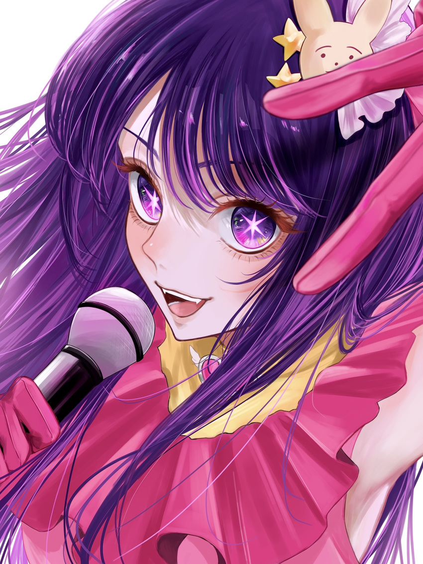 1girl brooch commentary dress gloves hair_between_eyes hair_ornament hand_up heart heart_brooch highres holding holding_microphone hoshino_ai_(oshi_no_ko) idol idol_clothes jewelry long_hair microphone open_mouth oshi_no_ko pink_dress pink_gloves purple_eyes purple_hair rabbit_hair_ornament shadow solo star-shaped_pupils star_(symbol) star_hair_ornament symbol-shaped_pupils teeth tsukishiro_yunatsu upper_teeth_only