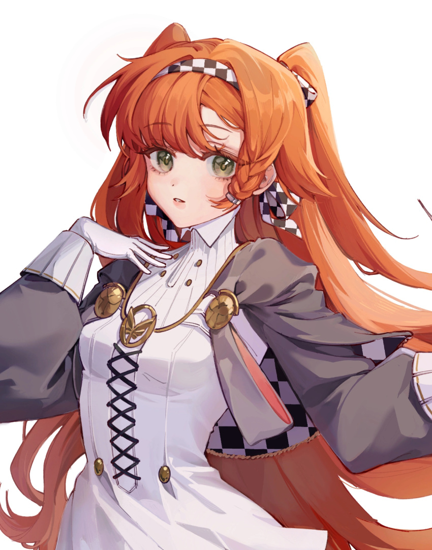 1girl absurdres asymmetrical_bangs breasts checkered_hairband chuanhe_duanduanzi cropped dress floating_hair gloves green_eyes grey_cloak grey_sleeves hand_on_own_chest hand_up high_collar highres long_hair long_sleeves looking_to_the_side orange_hair puffy_long_sleeves puffy_sleeves reverse:1999 solo sonetto_(reverse:1999) two_side_up upper_body very_long_hair white_background white_dress white_gloves