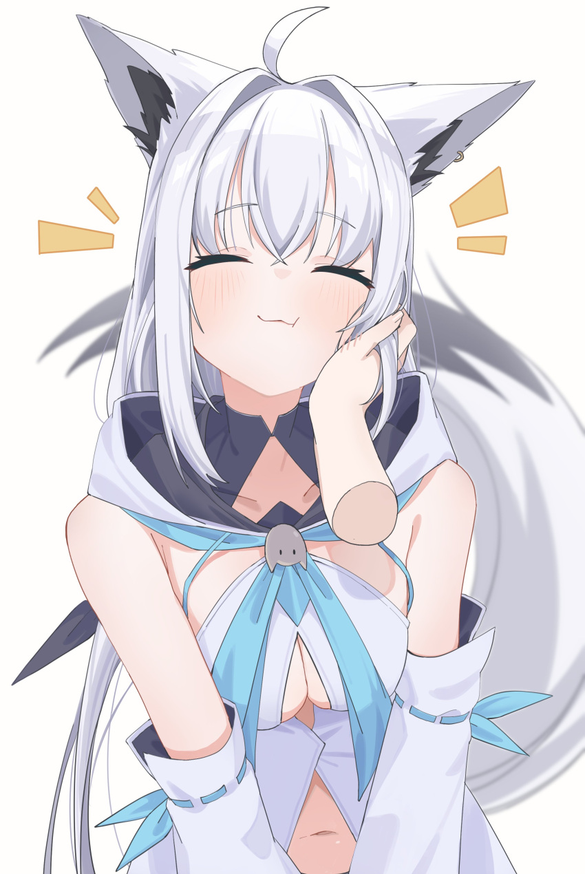 1girl :3 absurdres ahoge angeldu animal_ear_fluff animal_ears blue_neckerchief breasts cleavage closed_eyes closed_mouth collarbone commentary_request detached_sleeves disembodied_limb earrings fox_ears fox_girl fox_tail front_slit hair_between_eyes hair_intakes hand_on_another's_cheek hand_on_another's_face highres hololive hood hooded_vest hoodie jewelry light_blush long_hair medium_breasts midriff_peek navel neckerchief shirakami_fubuki shirakami_fubuki_(1st_costume) sidelocks simple_background single_earring smile solo_focus tail upper_body vest virtual_youtuber white_background white_hair white_sleeves white_vest wide_sleeves