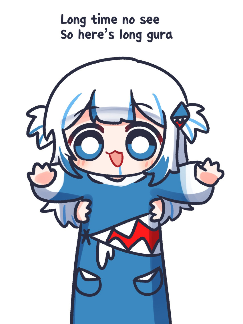 1girl animal armpit_carry blue_eyes blue_hair blue_hoodie blunt_bangs blush disembodied_limb eiul gawr_gura gawr_gura_(1st_costume) hair_ornament highres holding holding_animal hololive hololive_english hood hoodie lifting_person long_hair long_sleeves longcat_(meme) looking_at_viewer meme multicolored_hair open_mouth shark_girl shark_print sharp_teeth smile streaked_hair teeth two_side_up virtual_youtuber white_hair