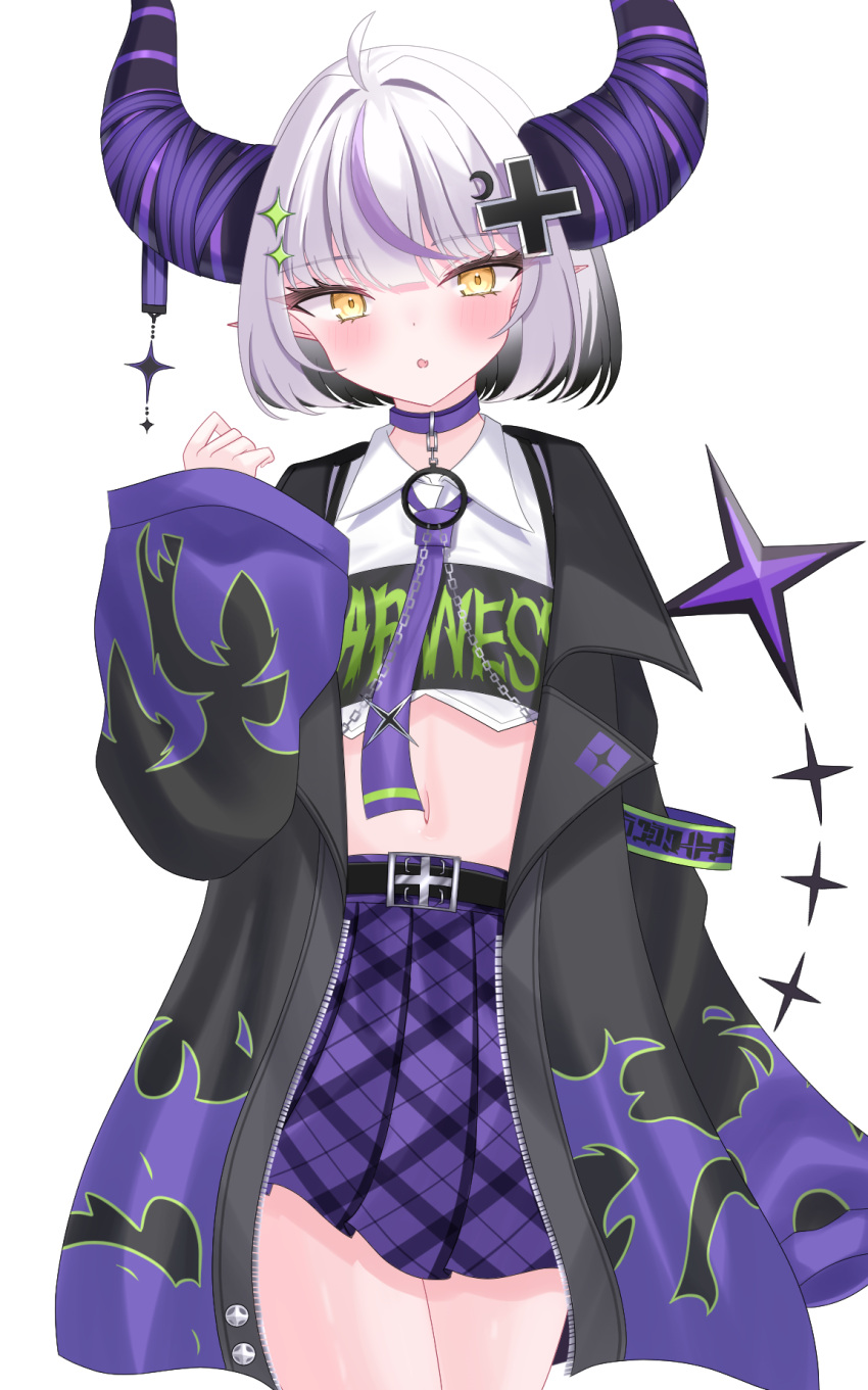 1girl black_jacket blush breasts choker collared_shirt crescent crescent_hair_ornament cropped_shirt cross_hair_ornament demon_horns fang flame_print grey_hair hair_ornament highres hololive horns jacket la+_darknesss la+_darknesss_(3rd_costume) looking_at_viewer multicolored_hair navel necktie non_non427 official_alternate_costume open_mouth plaid plaid_skirt purple_choker purple_hair purple_necktie purple_skirt shirt short_hair skin_fang skirt sleeves_past_fingers sleeves_past_wrists small_breasts streaked_hair white_background white_shirt yellow_eyes
