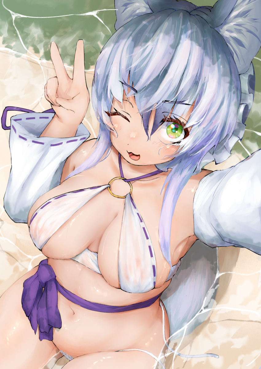 1girl absurdres animal_ears arm_up bikini blush detached_sleeves eyelashes female_pubic_hair forked_eyebrows frills green_eyes grey_hair hair_between_eyes hand_up highres kemono_friends kemono_friends_3 makami_(kemono_friends) micro_bikini multicolored_hair navel o-ring one_eye_closed outstretched_arm pubic_hair pubic_hair_peek reaching reaching_towards_viewer see-through_bikini see-through_swimsuit selfie sitting smile solo stomach swimsuit tail takara_(takara0508) undone_bikini v water wet wet_bikini wet_clothes wet_hair wet_swimsuit white_pubic_hair wolf_ears wolf_girl wolf_tail