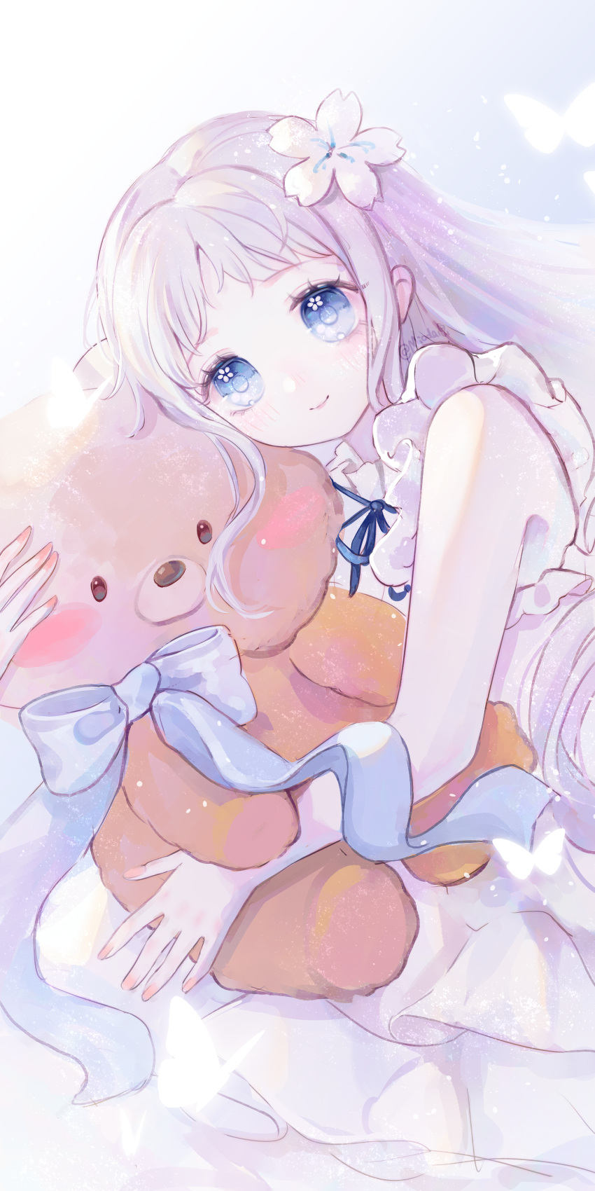 1girl absurdres ano_hi_mita_hana_no_namae_wo_bokutachi_wa_mada_shiranai. bare_arms blue_bow blue_bowtie blue_eyes bow bowtie bug butterfly closed_mouth cowboy_shot dress eyelashes flower flower_in_eye frilled_dress frills hair_flower hair_ornament highres holding holding_stuffed_toy honma_meiko hugging_object long_dress mioda_xi nail_polish pink_nails purple_bow purple_bowtie simple_background sleeveless sleeveless_dress smile stuffed_animal stuffed_toy symbol_in_eye teddy_bear white_background white_butterfly white_dress white_flower white_hair