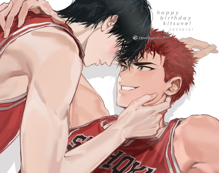 2boys basketball_jersey basketball_uniform birthday black_eyes black_hair blush boy_on_top couple english_text eye_contact hand_on_another's_face happy_birthday highres looking_at_another male_focus multiple_boys nomimono_rh parted_lips red_hair red_tank_top rukawa_kaede sakuragi_hanamichi shadow short_hair simple_background slam_dunk_(series) smile sportswear tank_top upper_body white_background yaoi