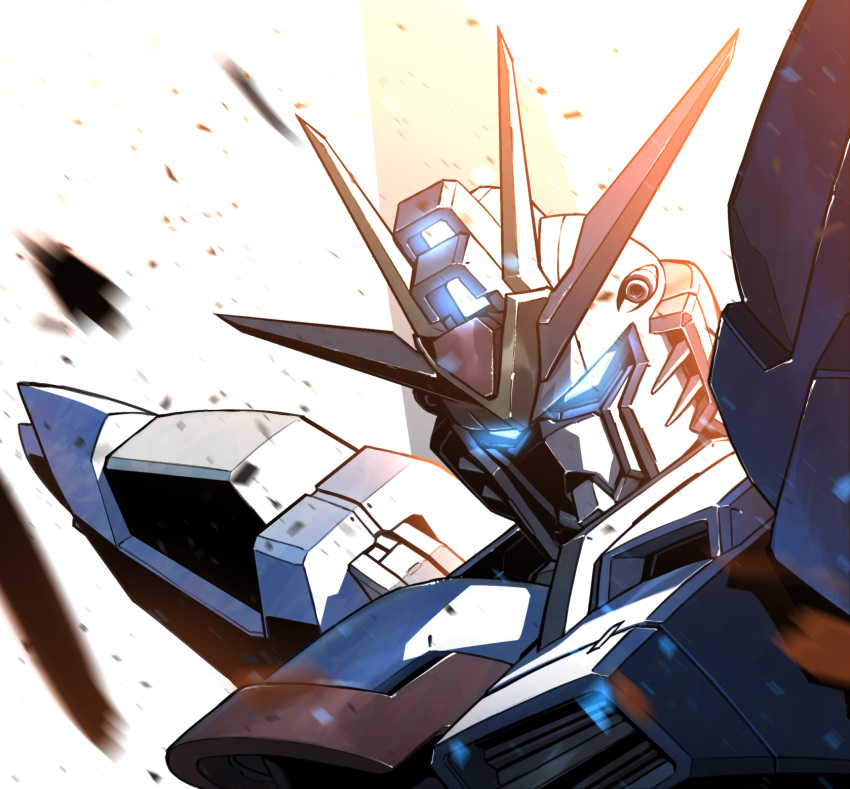 blue_eyes debris glowing glowing_eyes gundam gundam_seed gundam_seed_freedom highres kuri_giepi looking_at_viewer mecha mobile_suit motion_blur no_humans portrait rising_freedom_gundam robot science_fiction solo v-fin white_background