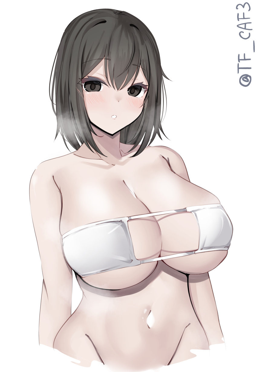 1girl absurdres ahoge akitsu_maru_(kancolle) bare_shoulders bikini black_hair blush breasts brown_eyes commentary_request cowboy_shot eyepatch_bikini groin highres kantai_collection large_breasts looking_at_viewer navel short_hair simple_background smile solo swimsuit tf_cafe twintails twitter_username visible_air white_background white_bikini