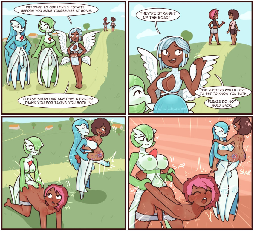 4_panel_comic 4_wings accessory anal anal_penetration angel angel_humanoid back_wings balls bedroom_eyes big_penis blue_body blue_hair blue_skin bodily_fluids bottomwear bottomwear_down breasts brown_body brown_hair brown_skin butt butt_tattoo carrying_another carrying_partner cleavage cleavage_cutout clothed clothing crop_top curled_hair dialogue doggystyle dreadlocks dripping english_text erection eyes_closed feathered_wings feathers feet female flaccid from_behind_position gardevoir generation_3_pokemon genital_fluids genitals girly gold_hair_ornament green_body green_skin group gynomorph gynomorph/male gynomorph_penetrating gynomorph_penetrating_male hair hair_accessory hair_over_eye hair_ring half-closed_eyes halo hi_res highlights_(coloring) hotpants huge_penis human human_on_humanoid human_penetrated humanoid humanoid_feet humanoid_genitalia humanoid_penetrating humanoid_penetrating_human humanoid_penis intersex intersex/male intersex_penetrating intersex_penetrating_male interspecies loincloth long_hair looking_pleasured male male_penetrated mammal multi_wing multicolored_body multicolored_skin narrowed_eyes nervous nervous_expression nervous_smile nintendo one_eye_obstructed partially_clothed penetration penis pink_highlights pixie_cut plantigrade pokemon pokemon_(species) precum precum_drip precum_string red7cat seductive sex shiny_pokemon shirt shorts shorts_around_thighs shorts_down smile smirk smug smug_face sound_effects speech_bubble standing standing_doggystyle standing_sex t-shirt tattoo text topwear two_tone_body two_tone_skin white_body white_feathers white_skin wide_eyed wings wrist_grab
