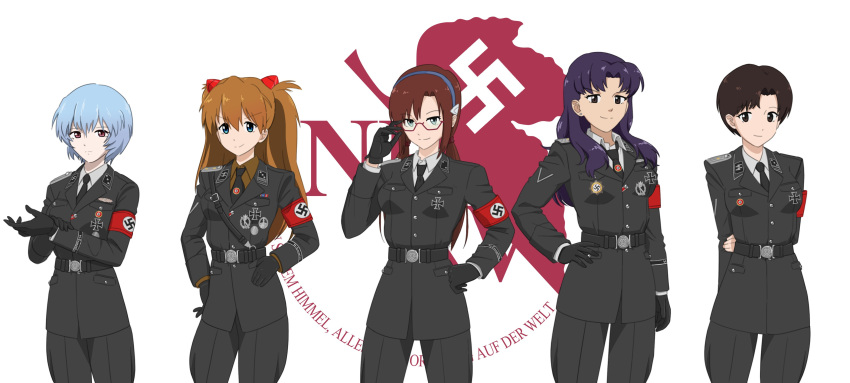 absurdres ayanami_rei belt black_cat03 blue_hair breasts brown_hair collar_tabs cross glasses gloves highres ibuki_maya insignia iron_cross katsuragi_misato long_hair makinami_mari_illustrious medium_hair military_rank_insignia nazi nazi_party_pin neon_genesis_evangelion purple_hair short_hair sigrunen small_breasts smile souryuu_asuka_langley ss_insignia ss_uniform swastika waffen-ss