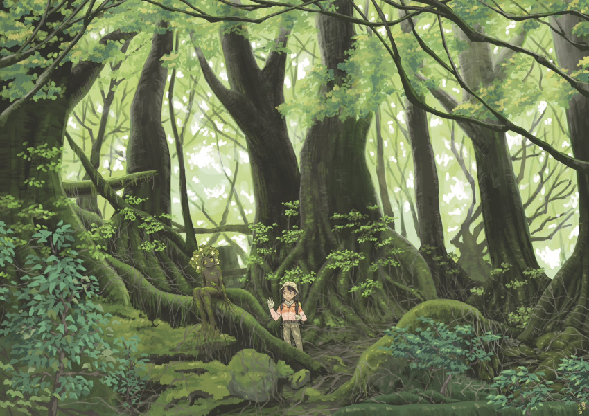 2girls backpack bag belt black_hair black_skin branch bucket_hat colored_skin dryad forest grey_pants hat highres jungle low_twintails monster_girl moss multiple_girls nature original outdoors pants plant plant_hair roots scenery shirt_tucked_in sitting standing tareme tree twintails vines yanamosuda