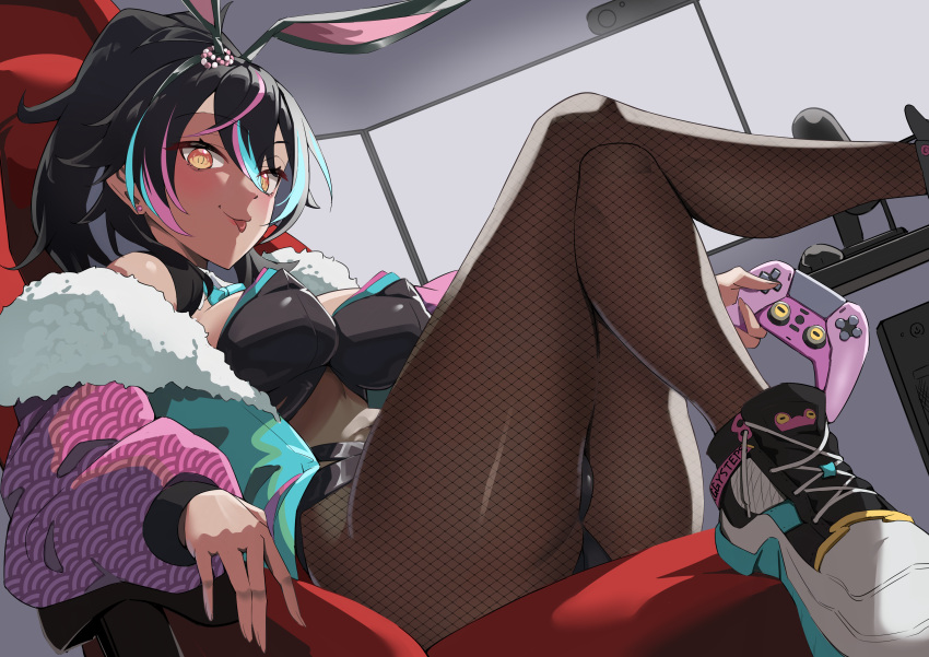 1girl absurdres animal_ears aqua_eyes aqua_jacket black_bra black_hair black_panties blue_bow blue_bowtie bow bowtie bra breasts collar commission controller crossed_legs dark-skinned_female dark_skin detached_collar earrings fake_animal_ears fishnet_pantyhose fishnets fur-trimmed_jacket fur_trim game_controller hair_between_eyes highres holding holding_controller holding_game_controller indie_virtual_youtuber jacket jewelry monitor multicolored_clothes multicolored_footwear multicolored_hair multicolored_jacket neon_harper nukege_ojisan on_chair panties pantyhose pink_hair pink_jacket ponytail rabbit_ears shoes sitting skeb_commission solo tongue underwear virtual_youtuber white_collar yellow_eyes