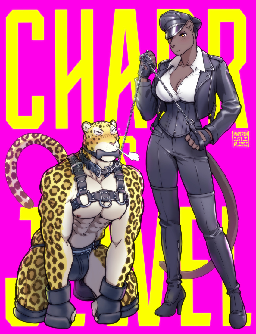 abs anthro anthro_on_anthro bdsm biped blush bone_gag breasts bulge clothed clothing collar countershade_arms countershade_face countershade_torso countershading dominant dominant_female duo felid female gag hi_res jaguar leash leashed_collar male male/female mammal maririn muscular muscular_anthro muscular_male pantherine pecs submissive submissive_male tail