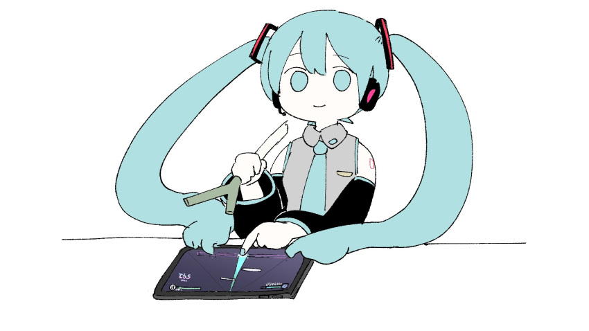 1girl aqua_eyes aqua_hair aqua_nails aqua_necktie black_sleeves commentary_request detached_sleeves grey_shirt hatsune_miku headphones headset highres iyowa_(igusuri_please) long_hair necktie playing_games project_sekai shirt solo spring_onion tablet_pc twintails very_long_hair white_background