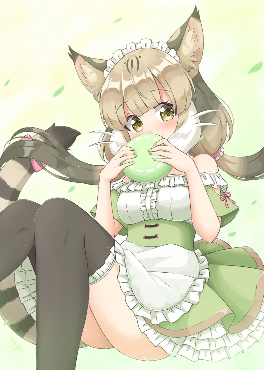 1girl absurdres animal_ears apron cat_ears cat_girl cat_tail dress extra_ears food green_dress grey_hair highres japari_bun jungle_cat_(kemono_friends) kemono_friends long_hair looking_at_viewer maid_apron maid_headdress ribbon shiraha_maru simple_background solo tail thighhighs twintails yellow_eyes