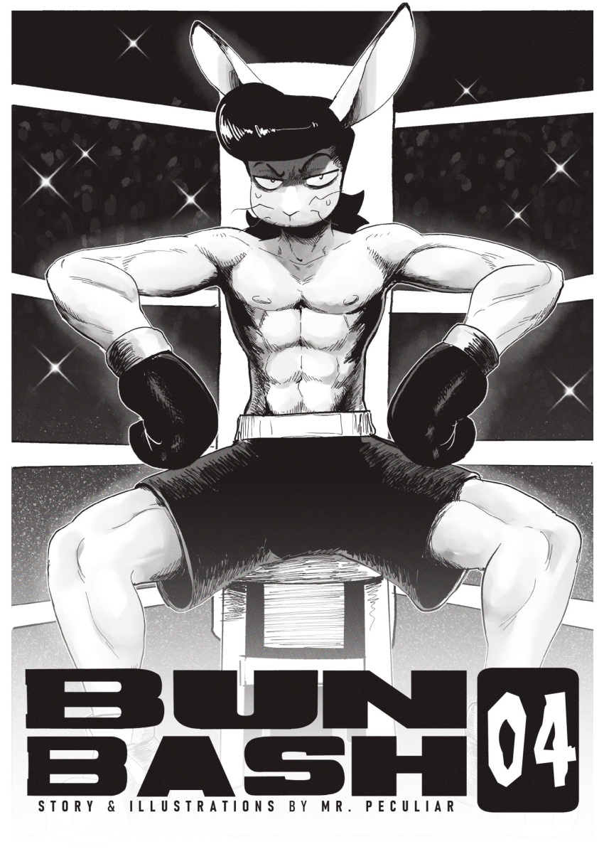abs anthro biped black_hair bodily_fluids bottomwear boxing_gloves bun_bash clothing comic cover cover_art cover_page ears_up english_text fighting_ring hair handwear hare hi_res lagomorph leporid looking_at_viewer male mammal monochrome muscular muscular_anthro muscular_male niko_(peculiart) nipples pants peculiart rabbit shorts sitting solo sweat sweatdrop text