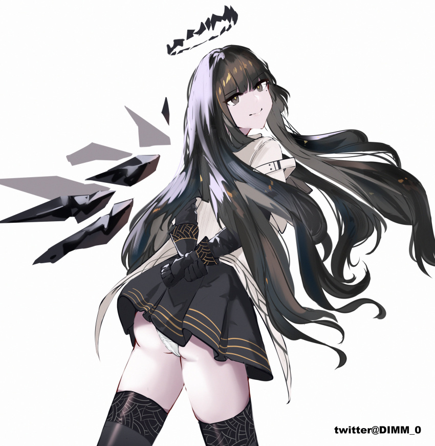 1girl absurdres arched_back arknights arms_behind_back artist_name ass black_gloves black_hair black_halo black_skirt black_thighhighs black_wings broken_halo clenched_hand closed_mouth colored_inner_hair commentary cowboy_shot dark_halo detached_wings diamond-shaped_pupils diamond_(shape) dm5fr energy_wings floating_hair from_behind gloves grey_eyes grey_hair hair_flowing_over halo highres holding_own_wrist jacket layered_sleeves lips long_hair long_sleeves looking_at_viewer looking_back miniskirt multicolored_hair pale_skin panties pantyshot pleated_skirt shadow short_over_long_sleeves short_sleeved_jacket short_sleeves simple_background skirt smile solo standing straight_hair strap symbol-shaped_pupils thighhighs thighs turning_head twitter_username two-tone_hair underwear upskirt very_long_hair virtuosa_(arknights) walking white_background white_jacket white_panties wide_sleeves wings yellow_pupils