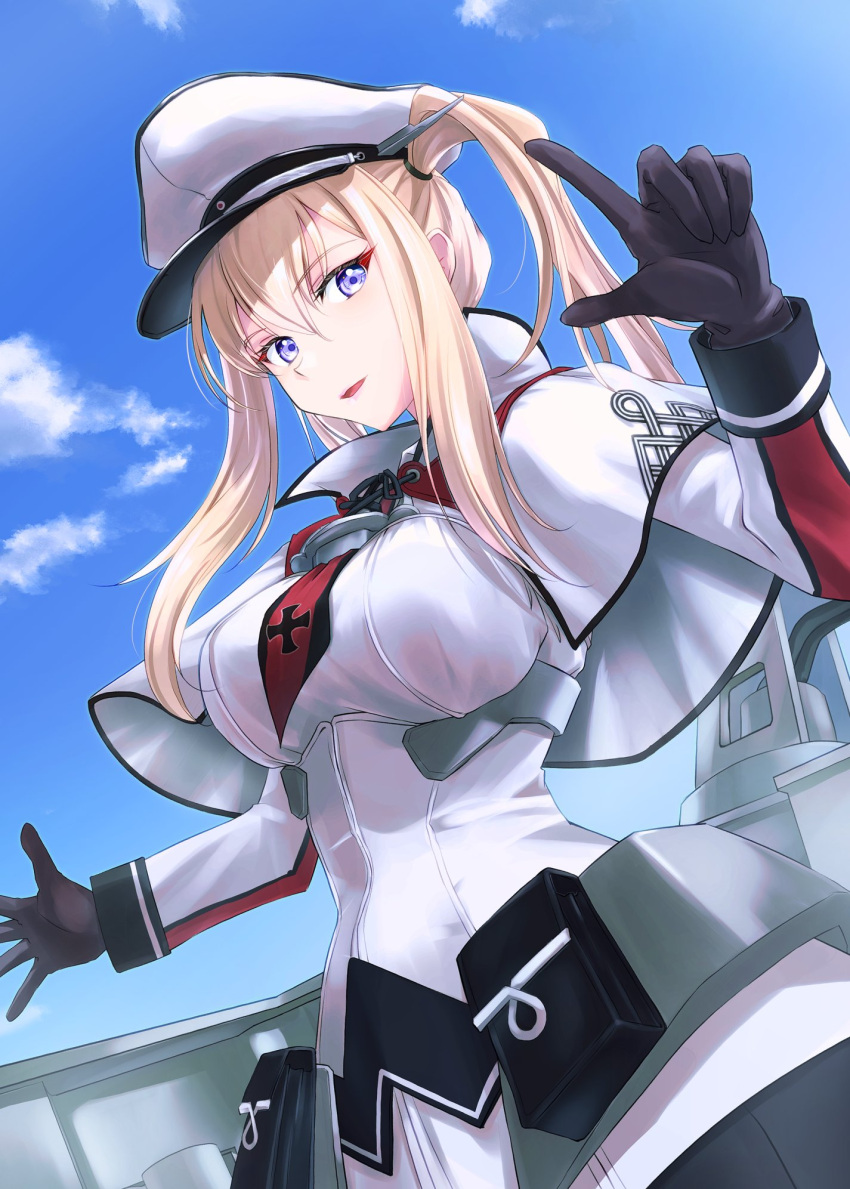 1girl black_gloves blonde_hair blue_eyes blue_sky breasts capelet celtic_knot cloud cross gloves graf_zeppelin_(kancolle) hair_between_eyes hat highres iron_cross kantai_collection large_breasts long_hair looking_at_viewer machinery military_uniform necktie peaked_cap red_necktie shirt sidelocks sky solo tsukasa_(tukasa_br) twintails uniform upper_body white_capelet white_headwear white_shirt