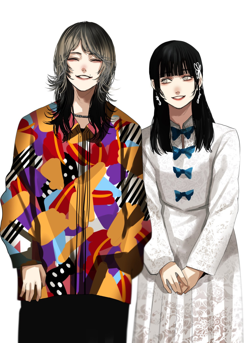 2girls aegyo_sal black_hair closed_eyes collared_shirt commentary_request cowboy_shot dress dress_shirt gradient_hair grey_eyes grey_hair hand_in_pocket highres hoshi_san_3 long_sleeves medium_hair mole_above_eye multicolored_hair multicolored_shirt multiple_girls original shirt simple_background smile white_background white_dress