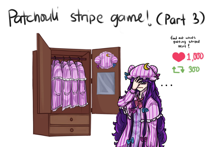 ... 1girl aqua_bow bags_under_eyes blunt_bangs bow closet commentary crescent crescent_hat_ornament dress english_commentary english_text facepalm hat hat_ornament highres jacket like_and_retweet long_hair meme mob_cap patchouli_knowledge purple_bow purple_eyes purple_hair purple_jacket simple_background striped_clothes striped_dress striped_headwear tem_(insomnia_tem) touhou twitter_strip_game_(meme) vertical-striped_clothes vertical-striped_dress vertical-striped_headwear very_long_hair white_background