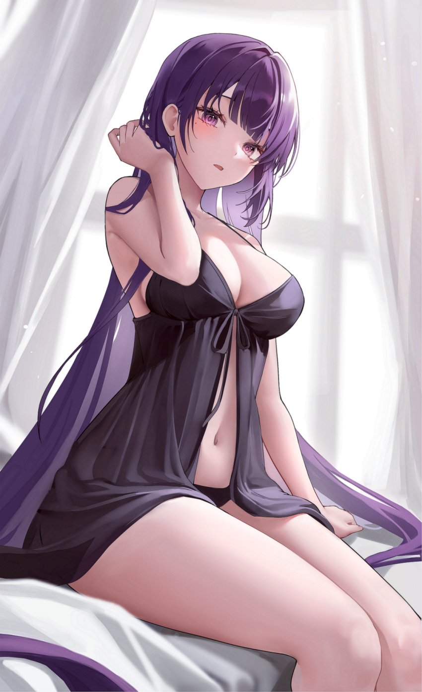 1girl alternate_costume bare_arms bare_shoulders bedroom black_panties blunt_bangs breasts cleavage curtains genshin_impact hair_down hand_in_own_hair highres large_breasts light_blush lingerie long_hair looking_at_viewer mole mole_under_eye navel nightgown on_bed open_mouth panties purple_eyes purple_hair raiden_shogun seo_pport sitting solo thighs underwear white_background window