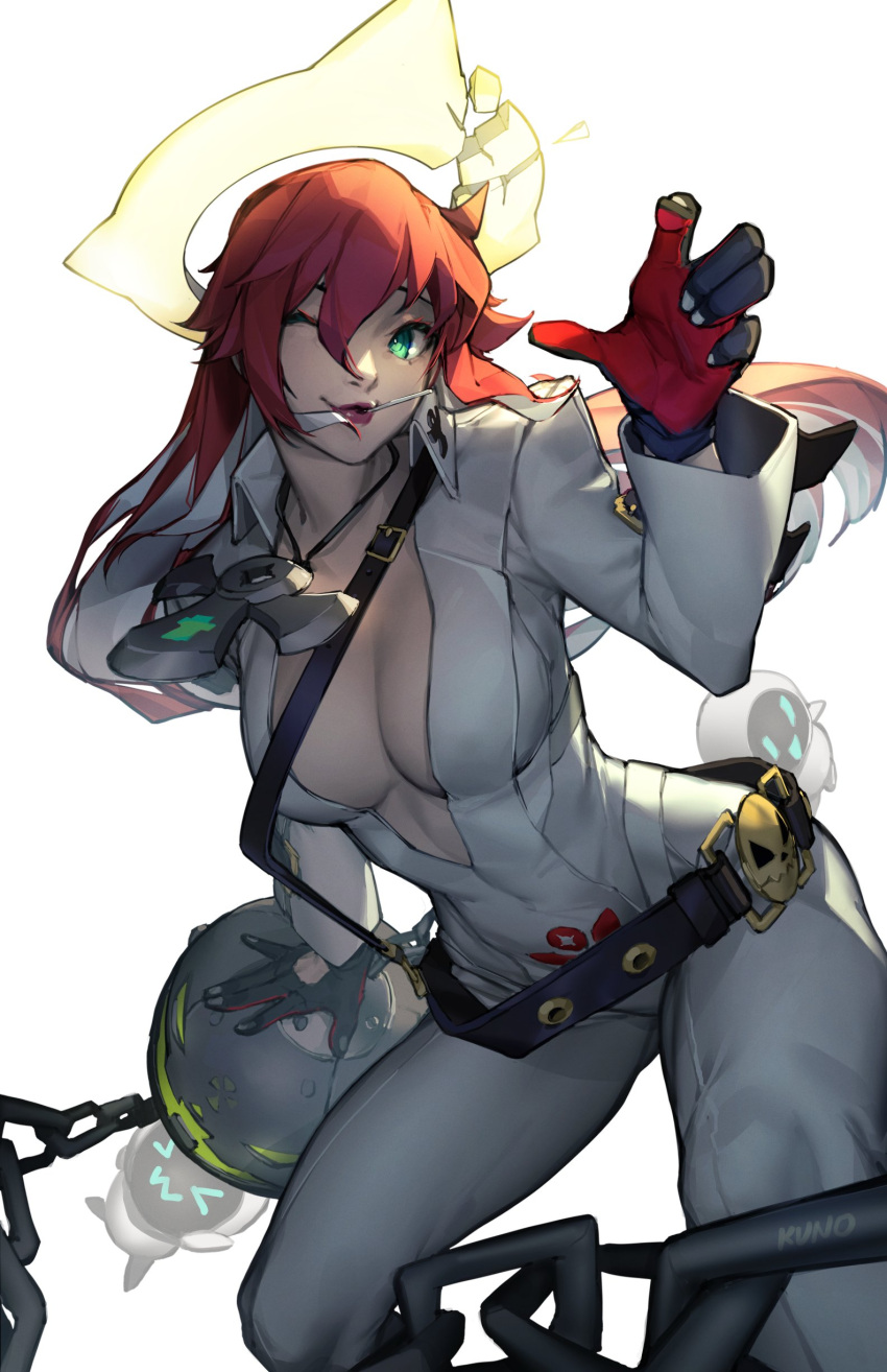 1girl absurdres ankh_necklace ass_visible_through_thighs ball_and_chain_restraint bell-bottoms belt black_gloves bodysuit breasts broken_halo candy cleavage colored_inner_hair compass_rose_halo food food_in_mouth front_slit gloves green_eyes guilty_gear guilty_gear_strive halo highres jack-o'_valentine kuno_(runkunochan) large_breasts lollipop long_hair multicolored_hair pants red_gloves red_hair skull_belt solo studded_belt too_many_belts two-tone_gloves very_long_hair white_bodysuit white_hair