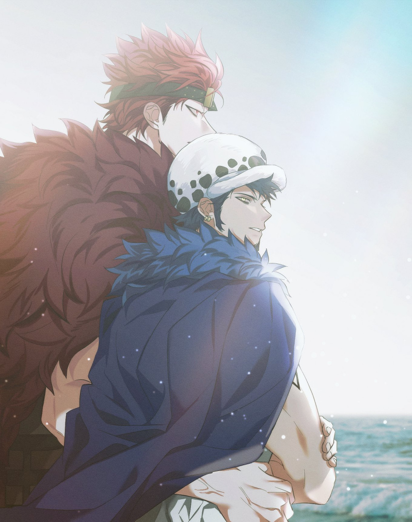 2boys back black_hair cape coat commentary couple earrings eustass_kid facial_hair fur_cape fur_coat fur_hat goatee goggles hand_on_another's_waist hat highres jewelry looking_back male_focus multiple_boys ocean one_piece op_chestnut outdoors parted_lips red_eyes red_hair short_hair shoulder_tattoo symbol-only_commentary tank_top tattoo trafalgar_law veins veiny_hands water white_tank_top yaoi yellow_eyes