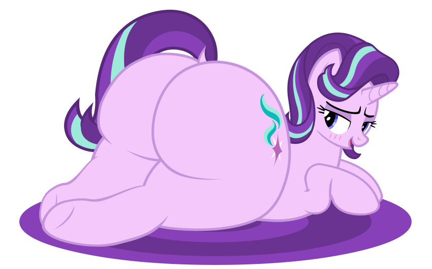 absurd_res alpha_channel bedroom_eyes big_butt blush butt cutie_mark equid equine eyebrows eyelashes female feral friendship_is_magic hair hasbro hi_res hooves horn horse huge_butt looking_at_butt looking_back lying mammal mrvector multicolored_hair my_little_pony narrowed_eyes nervous nervous_expression nervous_smile nude on_front pony seductive simple_background smile solo starlight_glimmer_(mlp) tail thick_thighs transparent_background unicorn