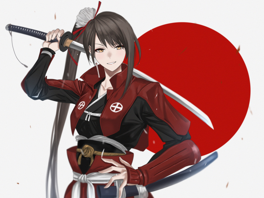 1girl absurdres akizuki_(17769498) alternate_costume armor azur_lane breasts brown_hair cowboy_shot earrings flower hair_flower hair_ornament high_collar highres holding holding_sword holding_weapon japanese_armor japanese_flag jewelry katana long_hair long_sleeves medium_breasts ponytail red_ribbon ribbon smile solo sword sword_behind_back very_long_hair weapon white_flower yellow_eyes zuikaku_(azur_lane)