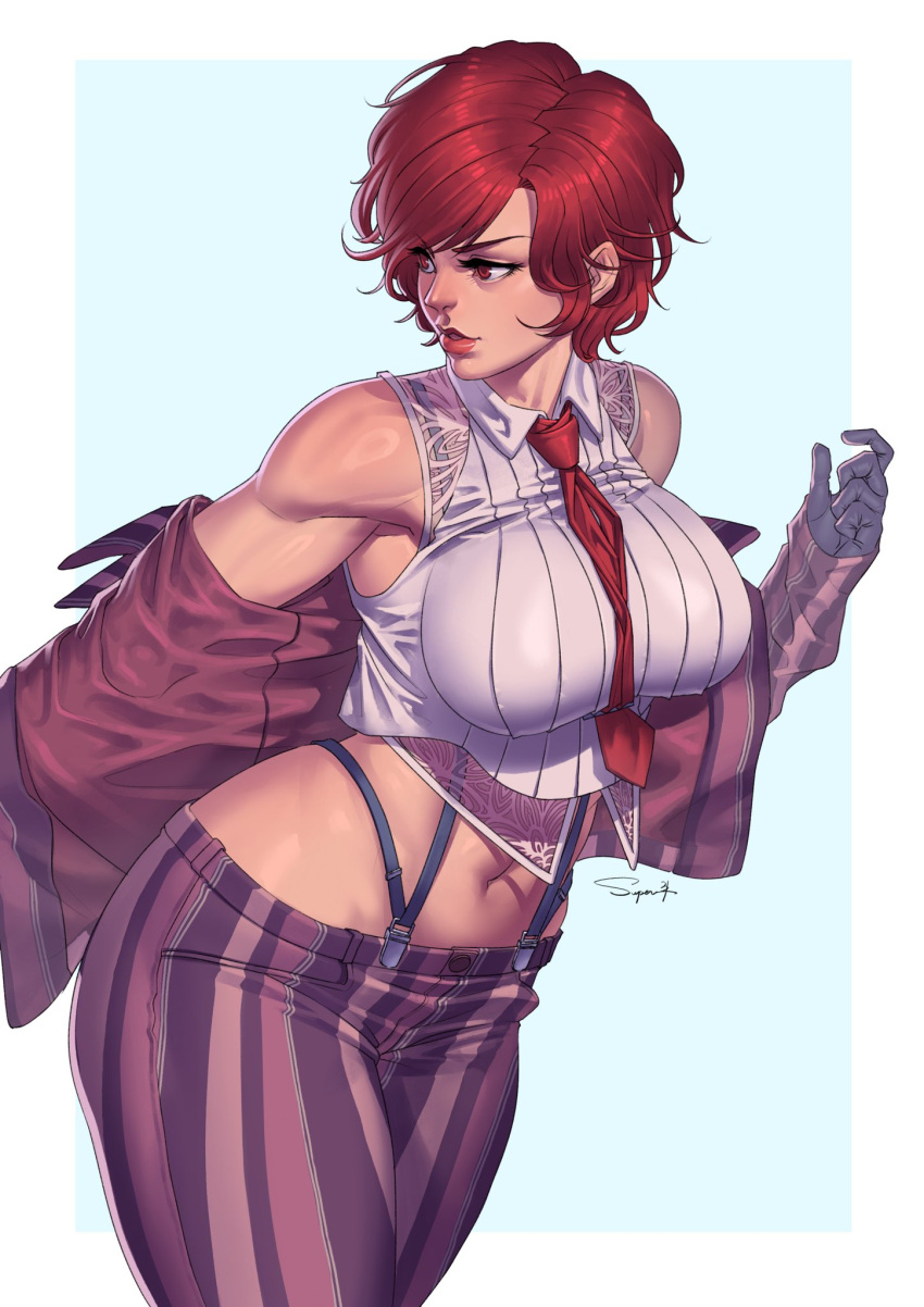 1girl black_gloves breasts crop_top cropped_shirt gloves highres large_breasts lips lipstick makeup mature_female midriff navel necktie pants pinstripe_pants pinstripe_pattern red_eyes red_hair red_necktie shirt short_hair sleeveless snk solo superbull suspenders the_king_of_fighters the_king_of_fighters_xiv vanessa_(kof)