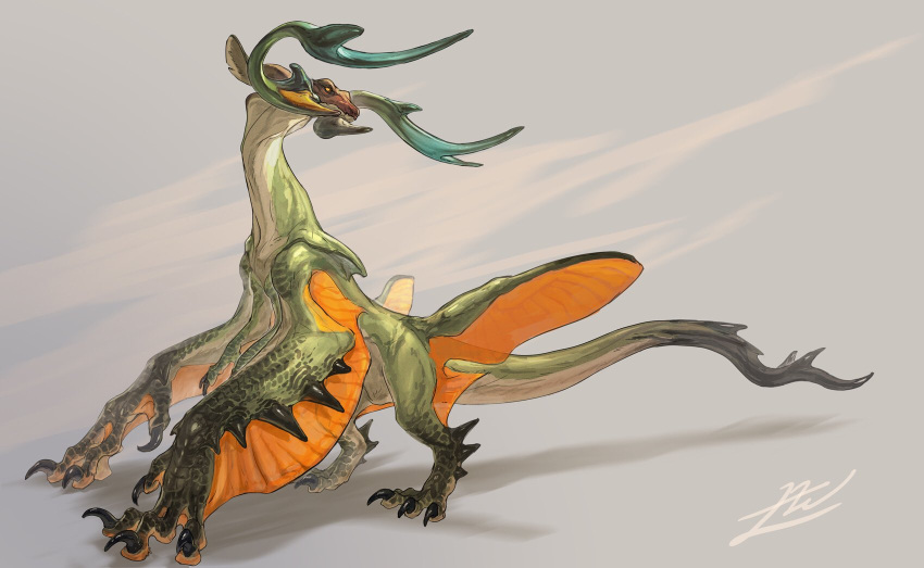 animal_focus beetle_horn brown_background chimera claws commentary dragon english_commentary extra_arms from_side full_body green_horns highres horns insect_wings leg_wings monster no_humans orange_eyes original scales signature simple_background solo spikes tail wings yamamura_le