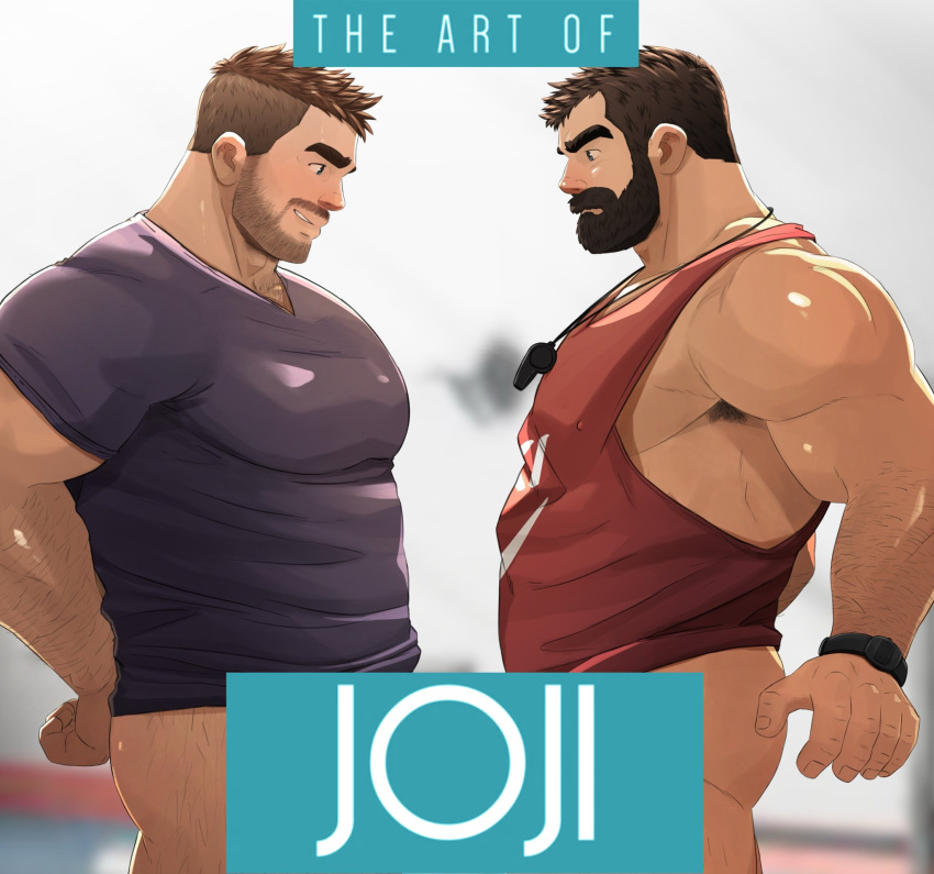 2boys afterglow arm_hair bara beard beard_stubble bottomless censored censored_by_text chest_hair chest_hair_peek couple covered_nipples cowboy_shot facial_hair from_side full_beard hairy highres huge_eyebrows jojiart large_pectorals leg_hair male_focus mature_male multiple_boys muscular muscular_male mustache_stubble original pectorals penis penises_touching profile short_hair stubble thick_beard thick_mustache whistle whistle_around_neck yaoi