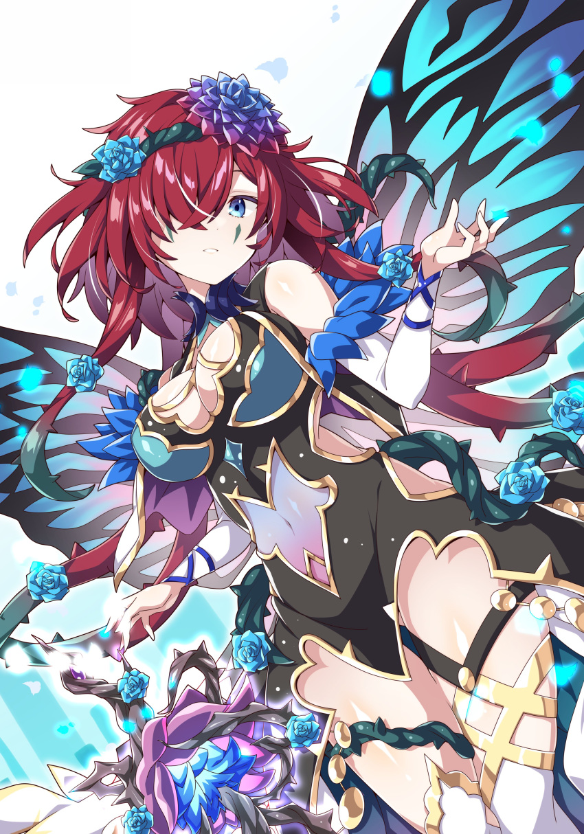 1girl absurdres akaneya bare_shoulders black_dress blue_eyes blue_flower blue_rose breasts cleavage clothing_cutout commentary commission covered_navel dress english_commentary facial_mark fairy fairy_wings fire_emblem fire_emblem_heroes flower gold_trim hair_flower hair_ornament hair_over_one_eye hair_vines highres large_breasts long_hair looking_at_viewer one_eye_covered plant red_hair rose skeb_commission solo thighhighs triandra_(fire_emblem) triandra_(reverent_dream)_(fire_emblem) vines white_thighhighs wings