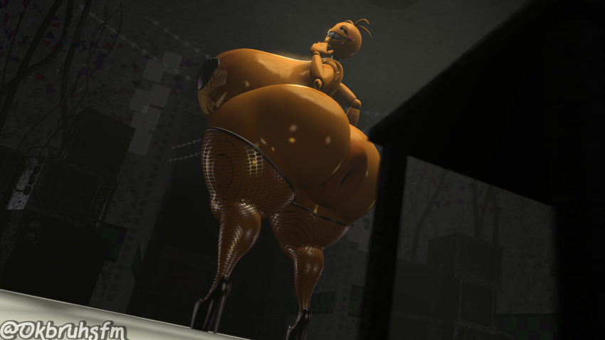 3d_(artwork) anthro anus big_breasts big_butt breasts butt clothing digital_media_(artwork) female fishnet fishnet_legwear five_nights_at_freddy's five_nights_at_freddy's_2 footwear hi_res high_heels huge_breasts huge_butt large_female legwear looking_at_viewer ok_bruh puffy_anus scottgames solo source_filmmaker toy_chica_(fnaf)