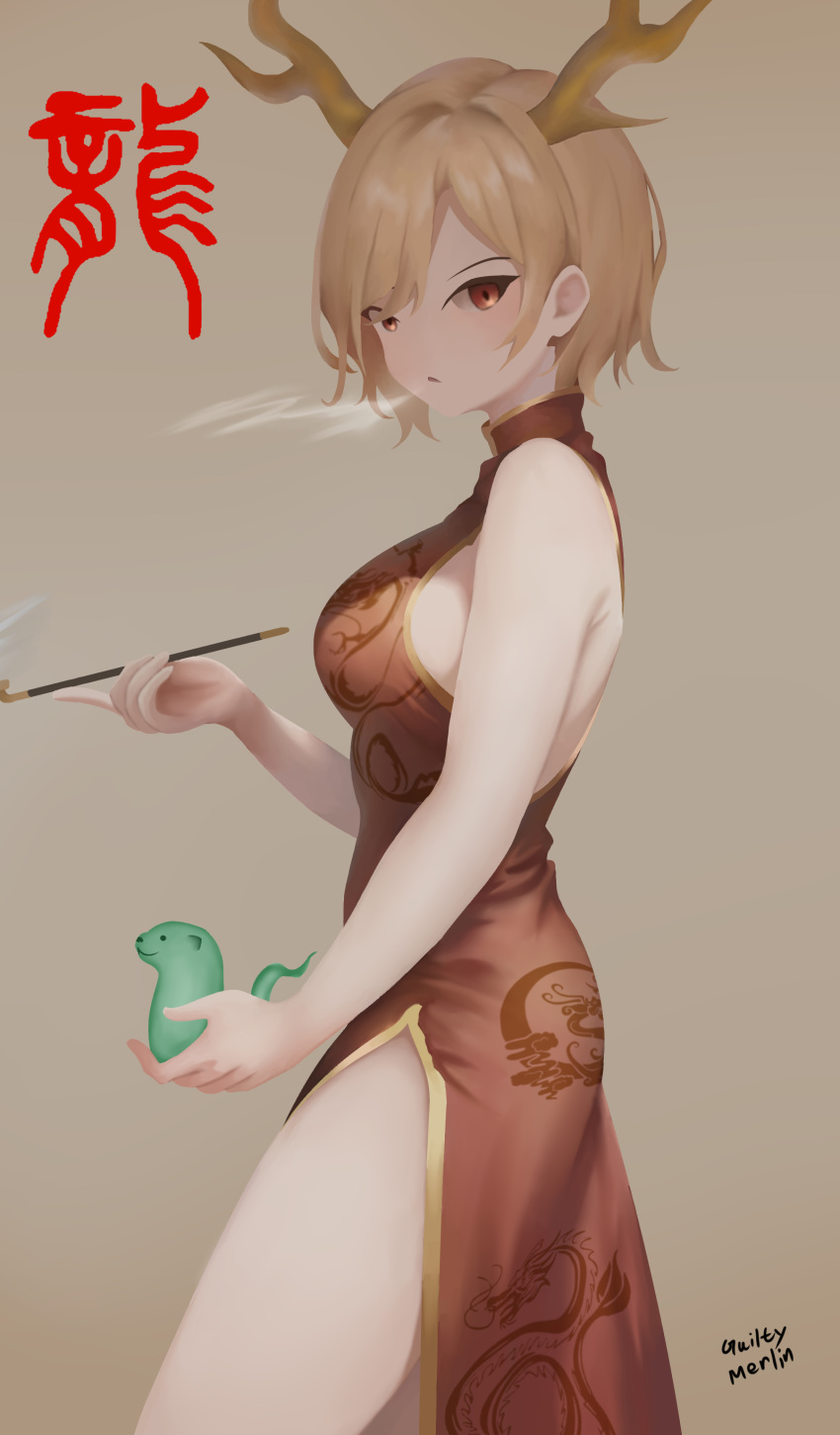1girl absurdres alternate_costume blonde_hair brown_background china_dress chinese_clothes commentary dragon_girl dragon_horns dress guilty_merlin highres holding_pipette horns kicchou_yachie looking_at_viewer otter_spirit_(touhou) red_dress red_eyes short_hair signature simple_background smoking touhou