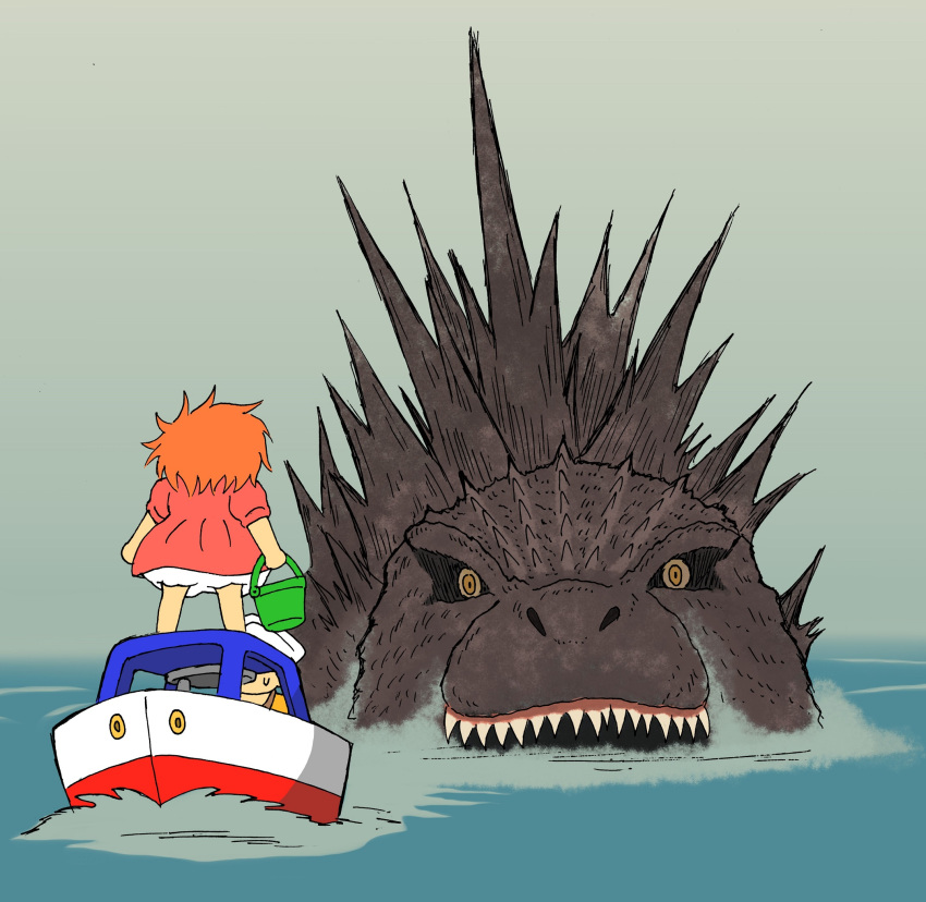 ambiguous_gender boat crossover female ghibli godzilla godzilla_(series) godzilla_nimus_one hair hi_res human kaiju male mammal monster orange_hair parody ponyo ponyo_on_a_cliff_by_the_sea sea size_difference toho vehicle water watercraft