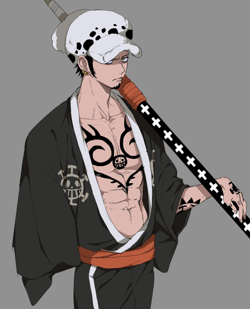 1boy abs arm_tattoo black_hair black_kimono closed_mouth commentary_request earrings facial_hair frown fur_hat goatee hand_tattoo hat highres holding holding_sheath japanese_clothes jewelry kimono looking_at_viewer male_focus navel one_piece open_clothes open_kimono pectorals piratesebine sheath short_hair solo sword tattoo trafalgar_law weapon wide_sleeves yellow_eyes