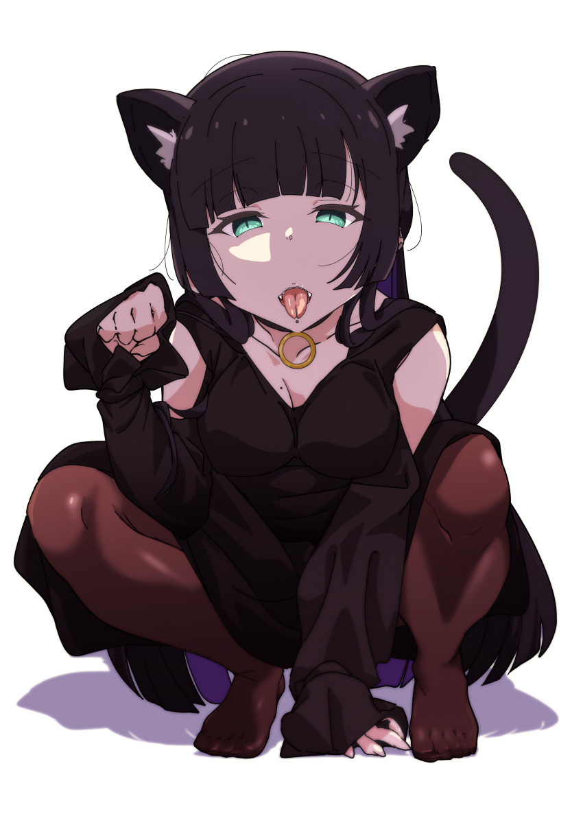 1girl absurdres animal_ear_fluff animal_ears black_choker black_dress black_hair black_pantyhose bocchi_the_rock! breasts cat_ears cat_girl cat_tail chin_piercing choker cleavage clothing_cutout collarbone colored_inner_hair commentary_request dress earclip forked_tongue goumonsha green_eyes highres kemonomimi_mode long_hair long_sleeves looking_at_viewer mole mole_on_breast multicolored_hair no_shoes open_mouth pa-san pantyhose paw_pose purple_hair shoulder_cutout simple_background sleeves_past_wrists solo squatting tail tongue tongue_out white_background