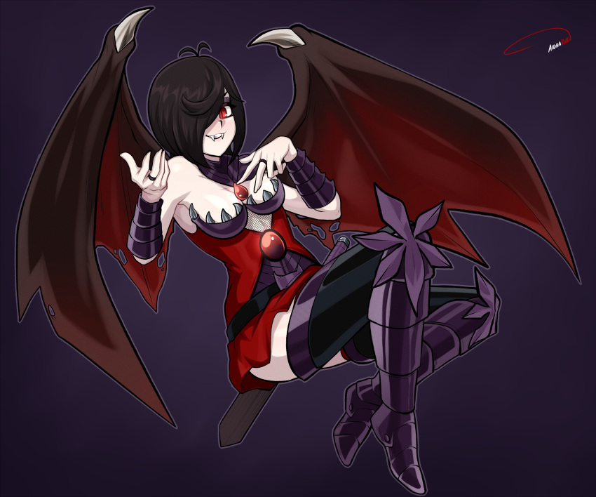 1girl absurdres aldharoku antenna_hair armored_boots artist_name bare_shoulders black_hair black_thighhighs boots breasts brown_wings fangs gradient_background hair_over_one_eye hand_up highres jewelry looking_at_viewer medium_breasts original red_wings ring shiny_skin short_hair solo thighhighs torn_wings vampire wings