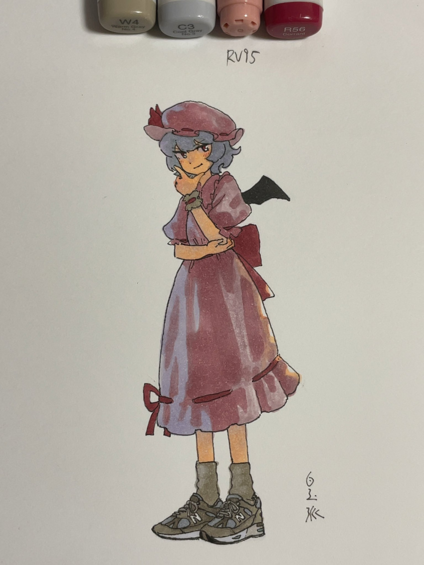 1girl art_tools_in_frame bat_wings blue_hair full_body hand_on_own_arm hand_on_own_chin hat highres marker_(medium) mob_cap pink_shirt pink_skirt remilia_scarlet shiratama_(hockey) shirt shoes short_hair single_wrist_cuff skirt sneakers socks solo touhou traditional_media wings wrist_cuffs