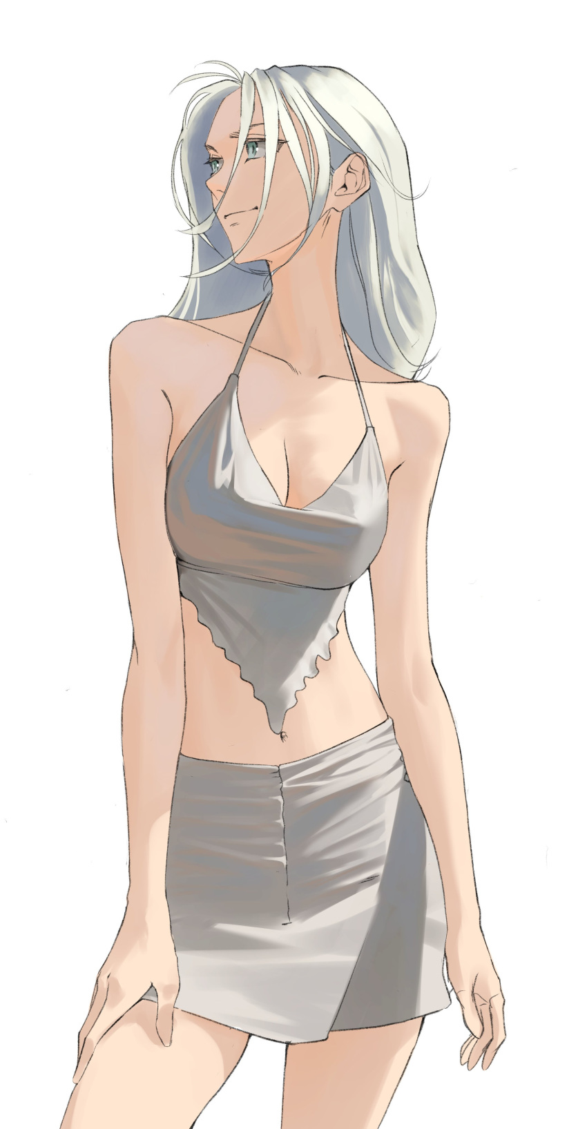 1girl absurdres arm_at_side arms_at_sides bare_arms bare_shoulders breasts camisole cleavage collarbone commentary contrapposto cowboy_shot crop_top english_commentary green_eyes grey_camisole grey_skirt hand_on_own_leg highres light_smile long_hair medium_breasts midriff miniskirt nape navel original sidelocks simple_background skirt solo standing tbocart turning_head white_background white_hair