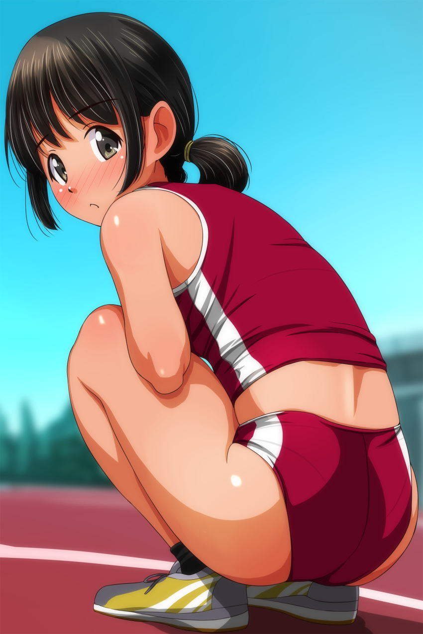 1girl absurdres ass black_hair blue_sky blurry blush breasts brown_eyes buruma day depth_of_field highres looking_at_viewer looking_back matsunaga_kouyou nose_blush open_mouth original outdoors panties_under_buruma playing_sports ponytail shiny_skin shoes short_hair short_ponytail sidelocks sky small_breasts solo squatting thighs